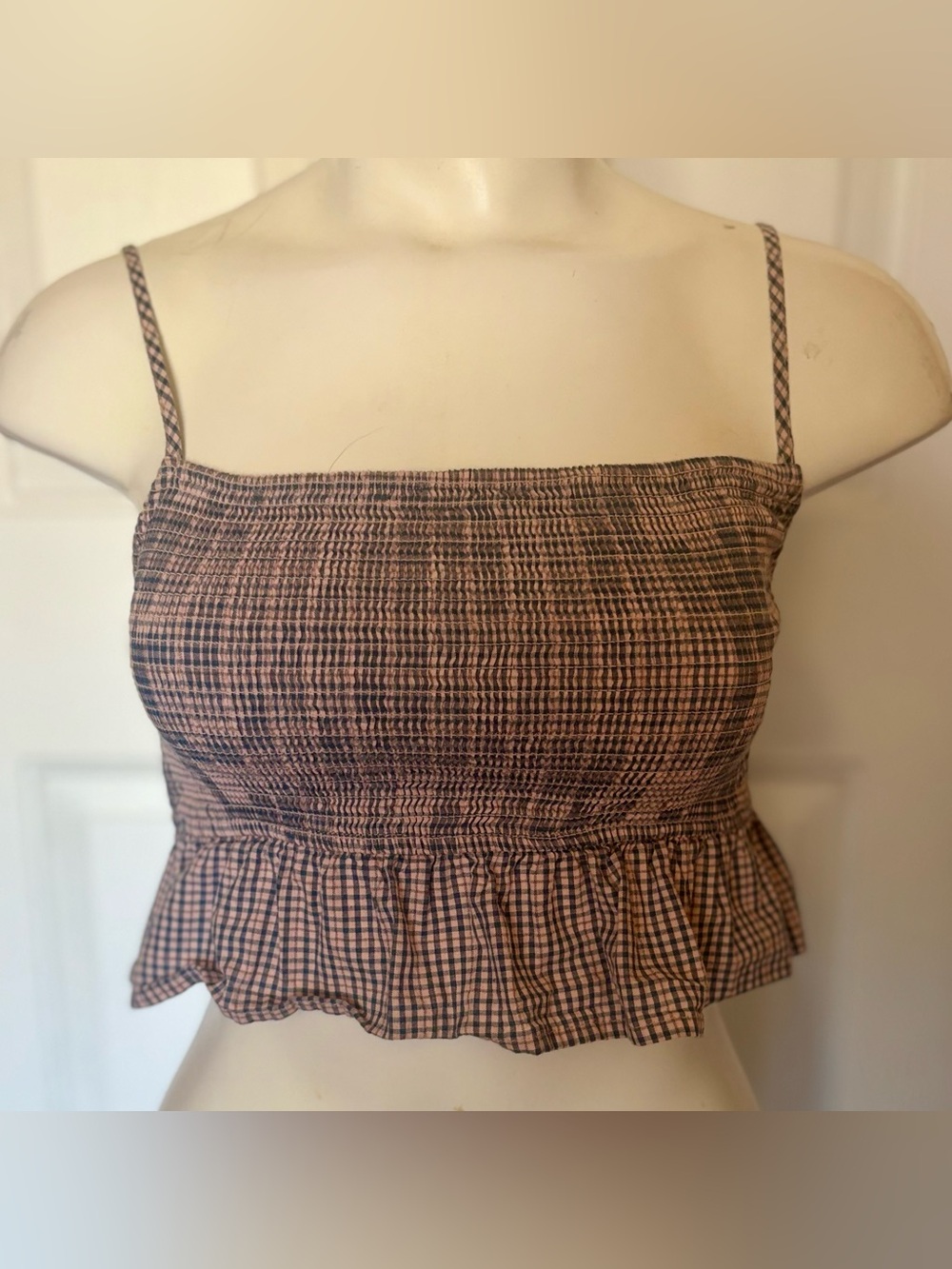 Nectar x Clothing Pink/Blue gingham peplum Smocked Crop Top Women’s size Small